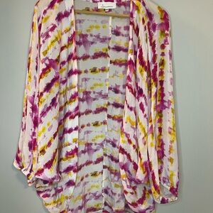 Anthropologie Pink and Yellow Patterned tie dyed cocoon Kimono